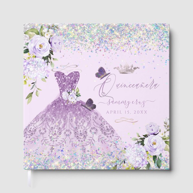Quinceanera Holographic Confetti Dusty Purple Guest Book (Front)