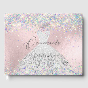 Quinceanera Holographic Confetti White Silver Guest Book