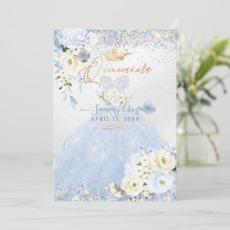 Quinceanera Holographic Dusty Blue Silver Dress Invitation