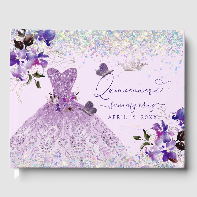 Quinceanera Holographic Glitter Purple Sweet Peas  Guest Book (Front)
