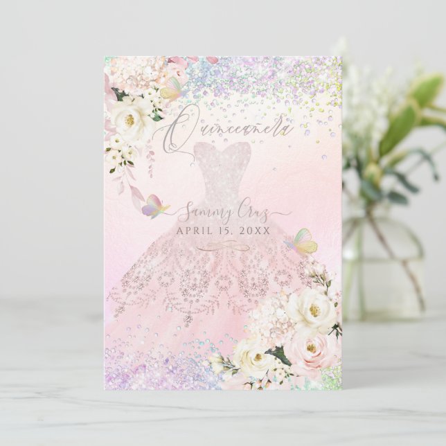 Quinceanera Holographic Mariposa Blush Pink Dress  Invitation (Standing Front)