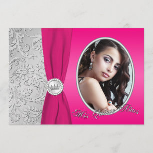 Quinceanera   Hot Pink and Silver   Photo Invitation