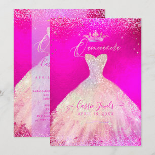 Quinceanera Hot Pink+Blush Sparkle Princess Dress Invitation