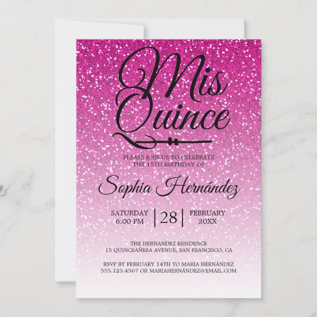 Quinceañera Hot Pink Glitter 15th Birthday  Invitation (Front)
