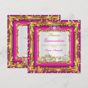 Quinceanera Hot Pink Gold Diamond Horse Carriage Invitation