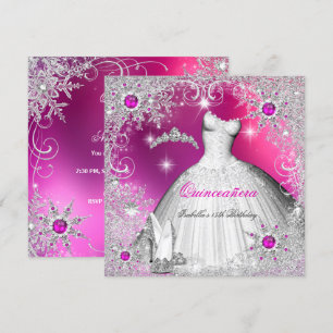 Quinceanera Hot Pink Pearl Silver Winter Snowflake Invitation