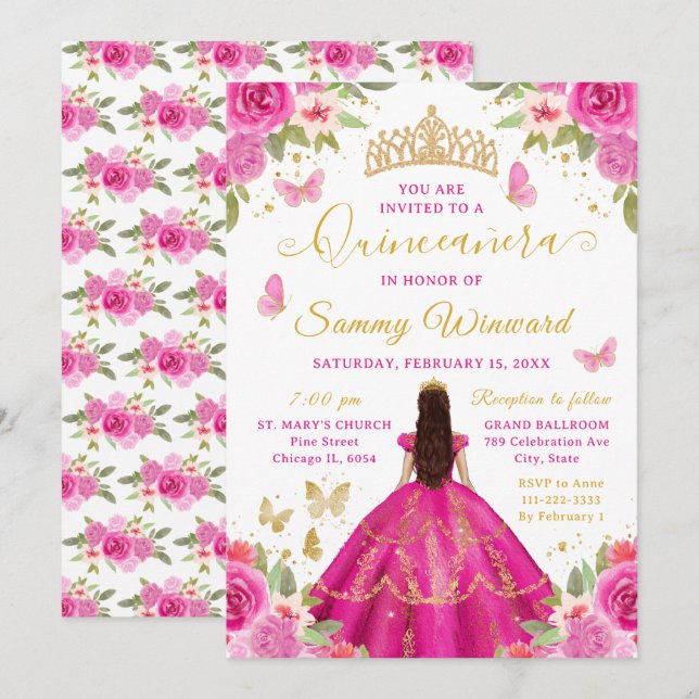 Quinceañera Hot Pink Princess Brunette Girl Invitation (Front/Back)