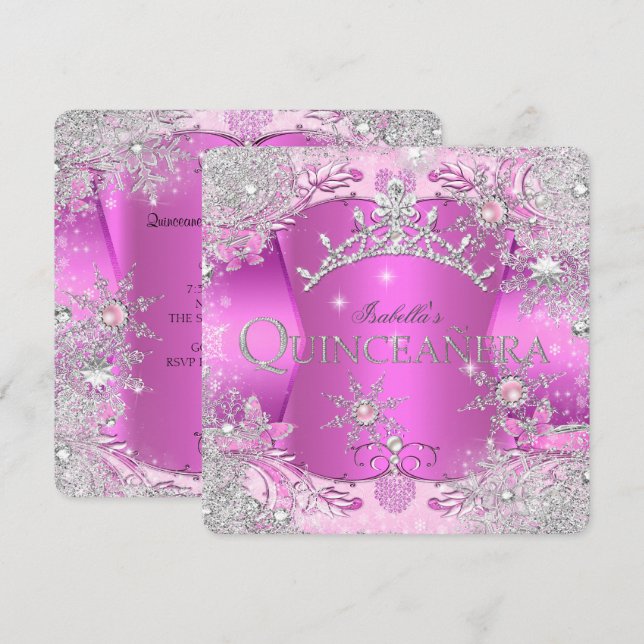 Quinceanera Hot Pink Winter Wonderland Tiara Invitation (Front/Back)