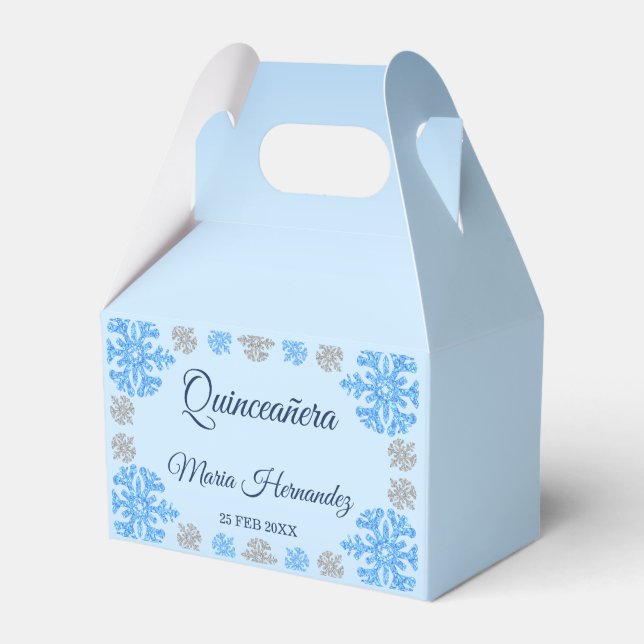 Quinceañera Ice Blue Silver Winter Snowflake Favour Box (Front Side)
