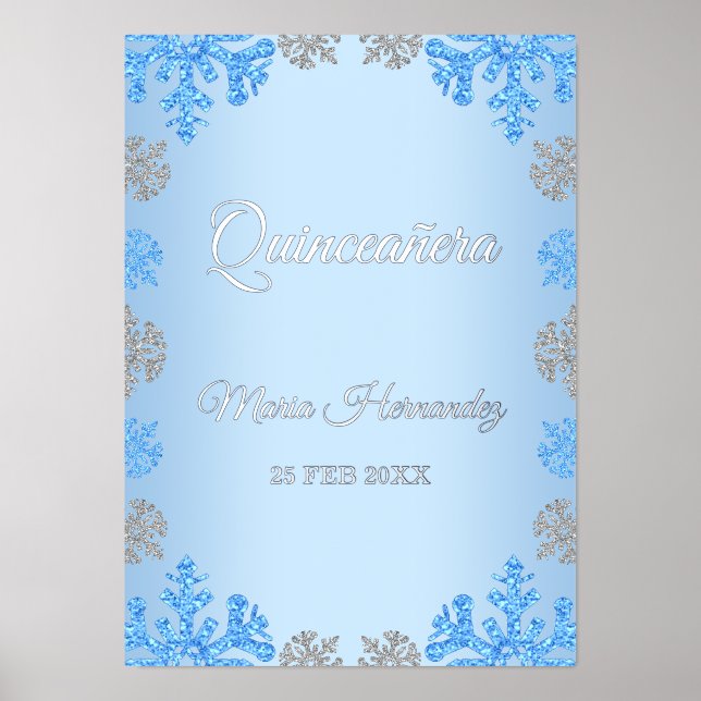 Quinceañera Ice Blue Silver Winter Snowflake Foil Prints (Front)