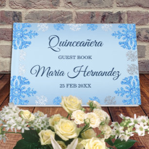 Quinceañera Ice Blue Silver Winter Snowflake Guest Book