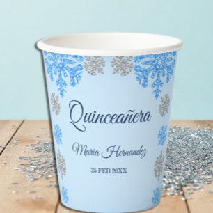 Quinceañera Ice Blue Silver Winter Snowflake Paper Cups