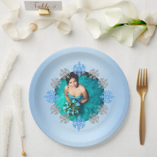 Quinceañera Ice Blue Silver Winter Snowflake Paper Plate
