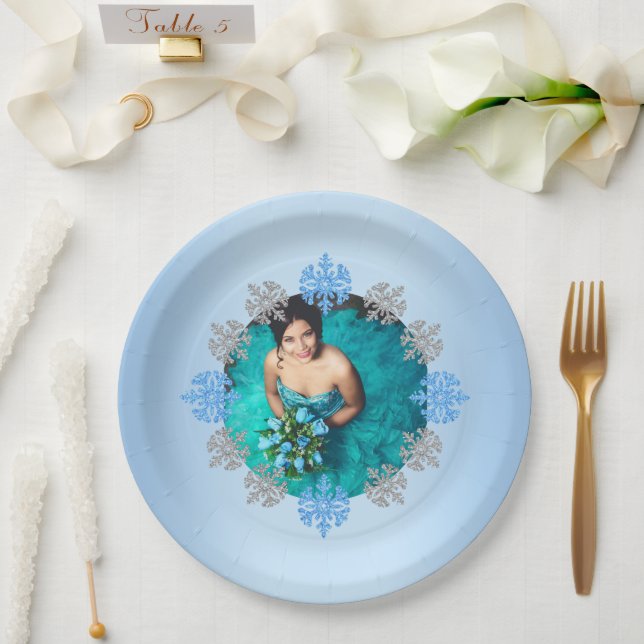 Quinceañera Ice Blue Silver Winter Snowflake Paper Plate (Wedding)