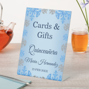 Quinceañera Ice Blue Silver Winter Snowflake Pedestal Sign