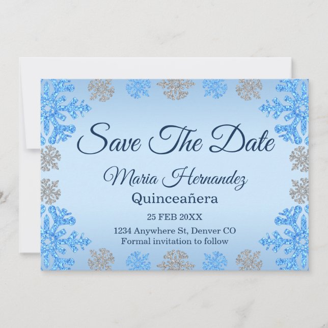 Quinceañera Ice Blue Silver Winter Snowflake Save The Date (Front)
