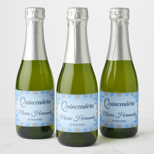 Quinceañera Ice Blue Silver Winter Snowflake Sparkling Wine Label (Bottles)