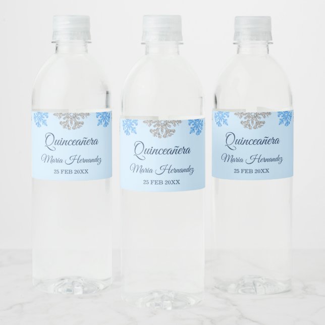 Quinceañera Ice Blue Silver Winter Snowflake Water Bottle Label (Bottles)