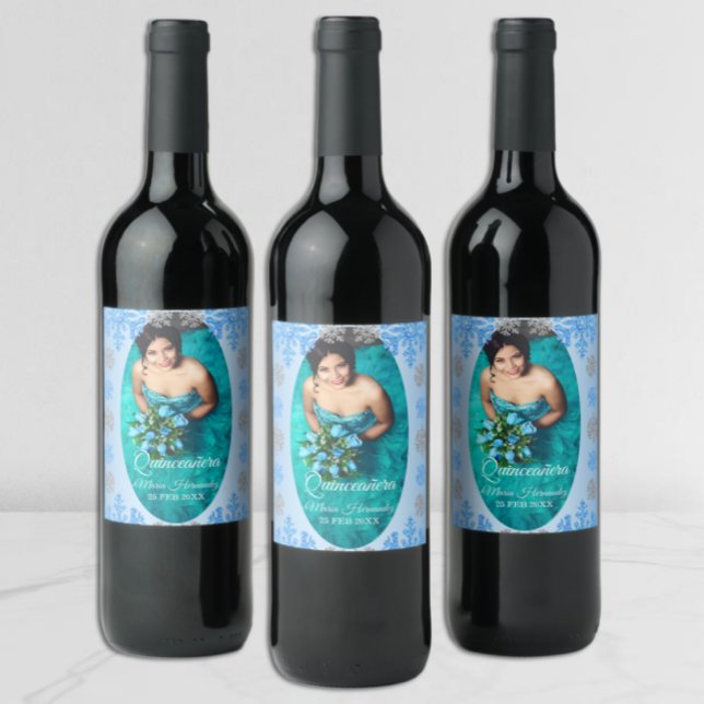 Quinceañera Ice Blue Silver Winter Snowflake Wine Label (Creator Uploaded)