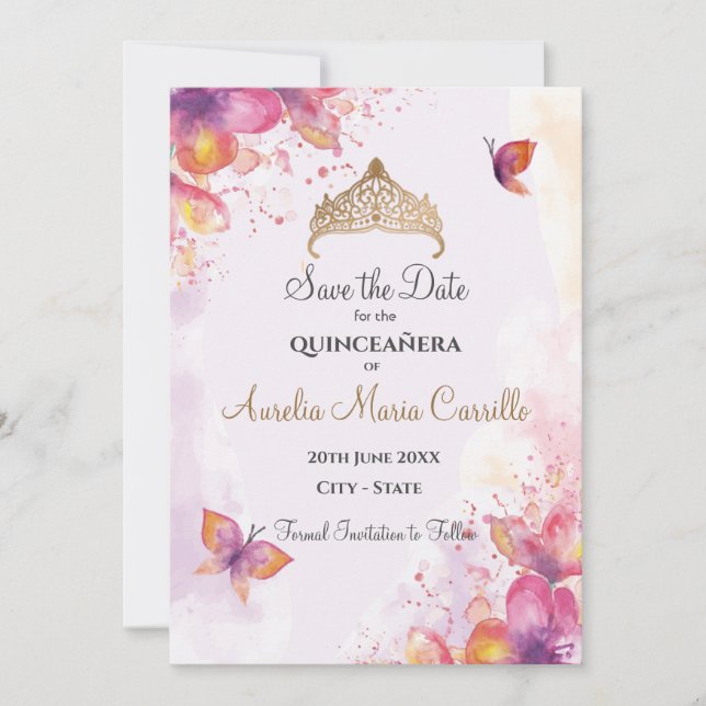 Quinceañera in watercolor with butterflies save the date (Front)