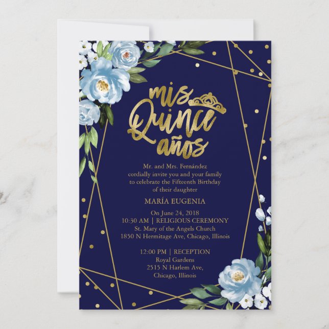 Quinceanera Invitation Bilingual Dark Blue (Front)