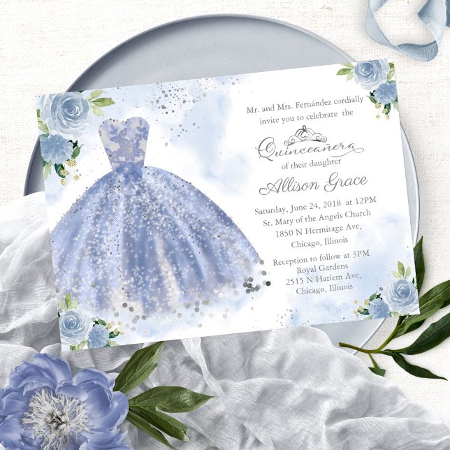 Quinceanera Invitation Bilingual Light Blue Gown (Creator Uploaded)