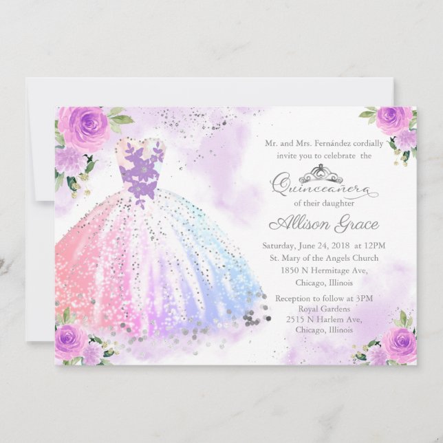 Quinceanera Invitation Bilingual Pastel Colours (Front)