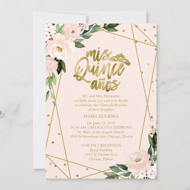 Quinceanera Invitation Bilingual Pink Blush (Front)