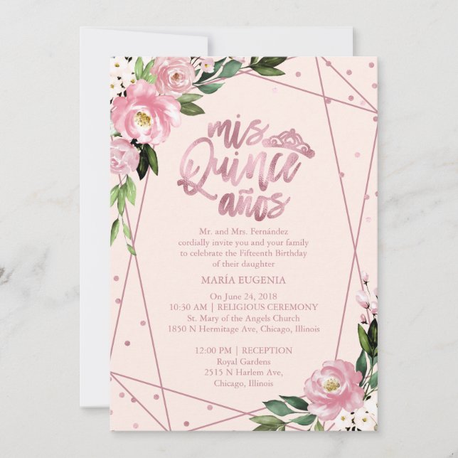 Quinceanera Invitation Bilingual Pink Blush (Front)