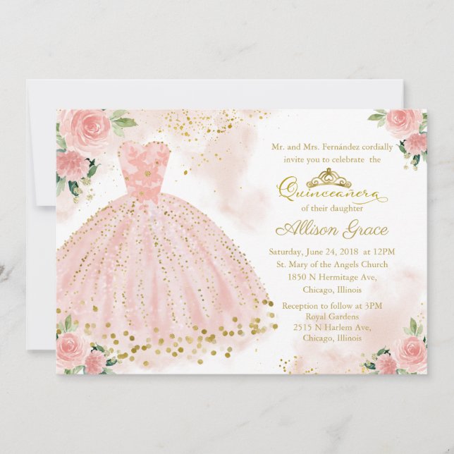 Quinceanera Invitation Bilingual Pink Blush Gown (Front)
