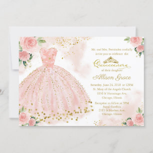 Quinceanera Invitation Bilingual Pink Blush Gown