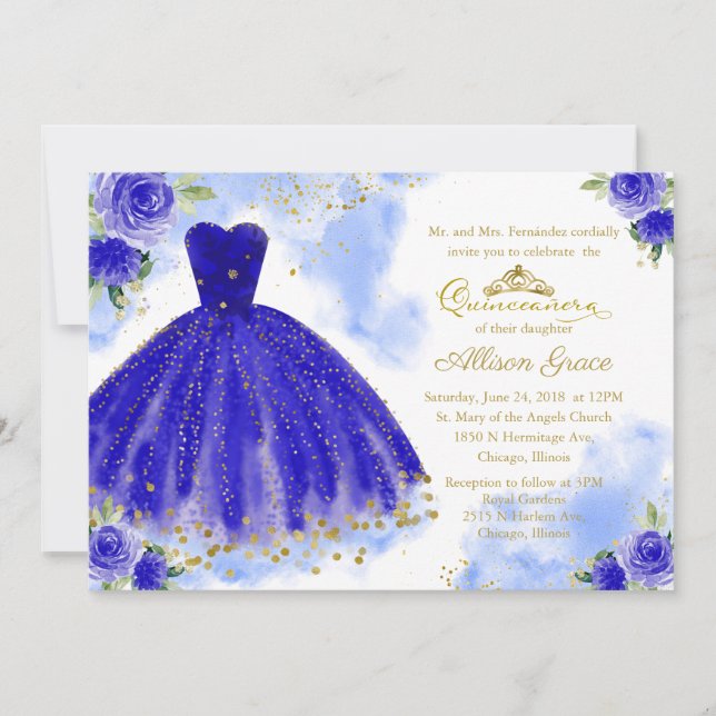 Quinceanera Invitation Bilingual Royal Blue Gown (Front)