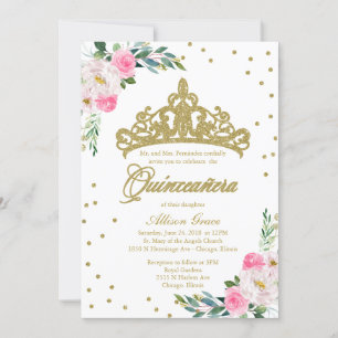 Quinceanera Invitation Bilingual Tiara Hot Pink 