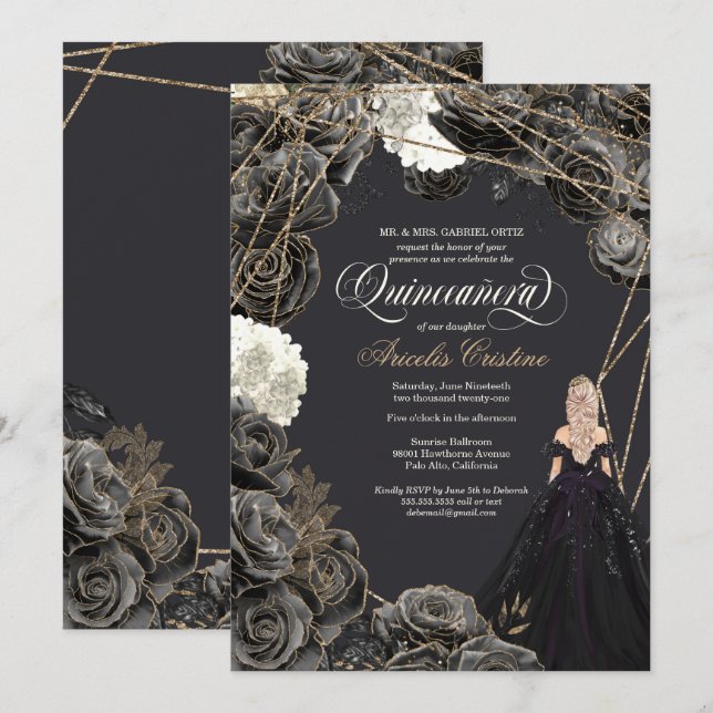 Quinceañera Invitation - Black & Gold Roses, Gown (Front/Back)