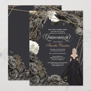 Quinceañera Invitation - Black & Gold Roses, Gown