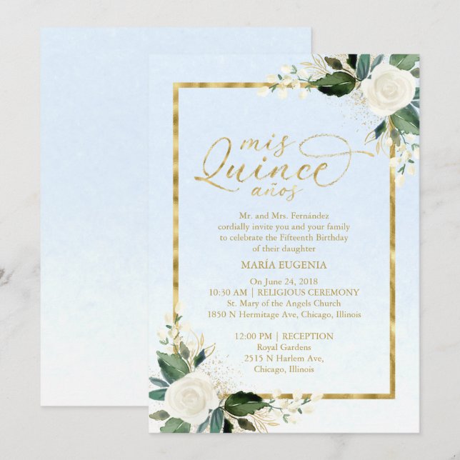 Quinceanera Invitation Dusty Blue Gold Foil Floral (Front/Back)