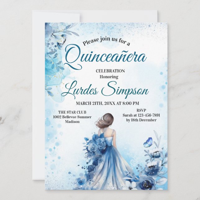  Quinceañera invitation Elegant Blue (Front)