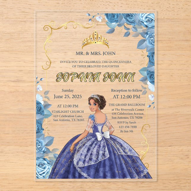 Quinceanera Invitation Emerald Blue Dress Acrylic (Front)