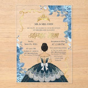 Quinceanera Invitation Emerald Blue Dress Acrylic
