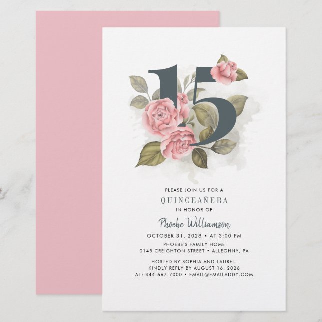 Quinceanera Invitation Floral 15th Birthday Party Stationery (Front/Back)