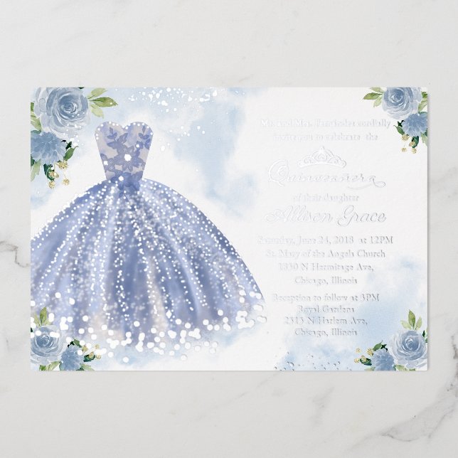 Quinceanera Invitation Floral Blue Gown Silver (Front)