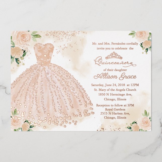 Quinceanera Invitation Floral Blush Gown Rose Gold (Front)