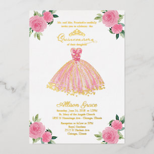 Quinceanera Invitation Floral Hot Pink Gown 
