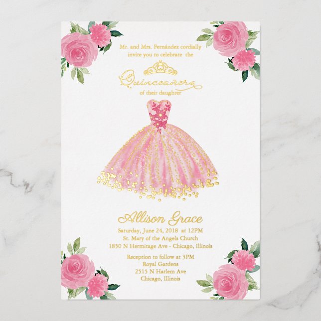 Quinceanera Invitation Floral Hot Pink Gown  (Front)