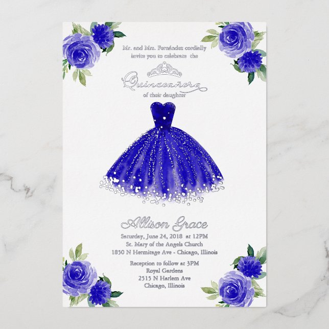 Quinceanera Invitation Floral Royal Blue Gown (Front)
