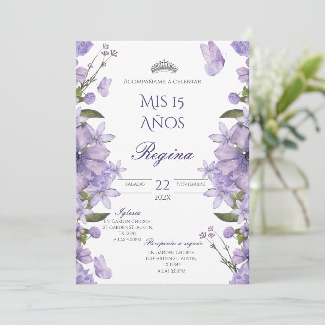 Quinceañera Invitation for Purple Flowers (Standing Front)
