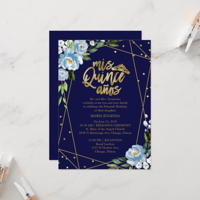 Quinceanera Invitation Gold Foil Dark Blue Floral (Front/Back In Situ)