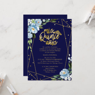 Quinceanera Invitation Gold Foil Dark Blue Floral