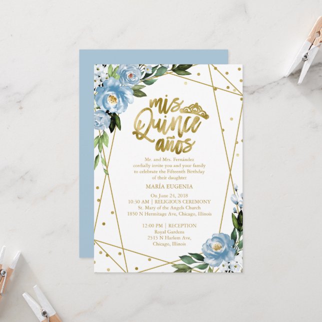 Quinceanera Invitation Gold Foil Dusty Blue Floral (Front/Back In Situ)