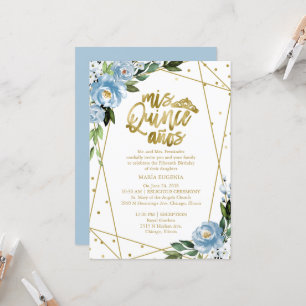 Quinceanera Invitation Gold Foil Dusty Blue Floral